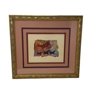 Ginny Hogan Framed Matted Print Wild Cow And Blue Horses Art Santa Fe Artist